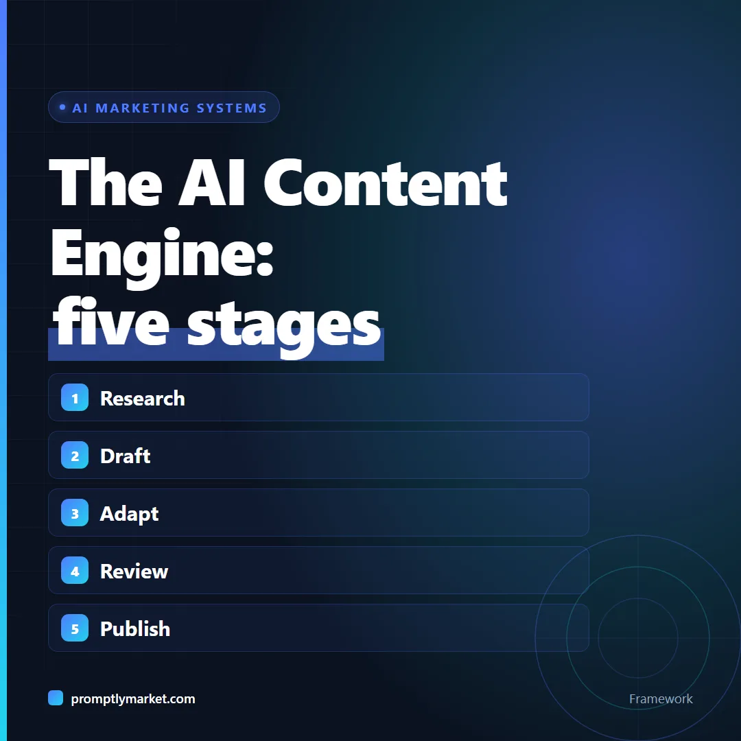 The AI Content Engine's five stages in order: research, draft, adapt, review, publish