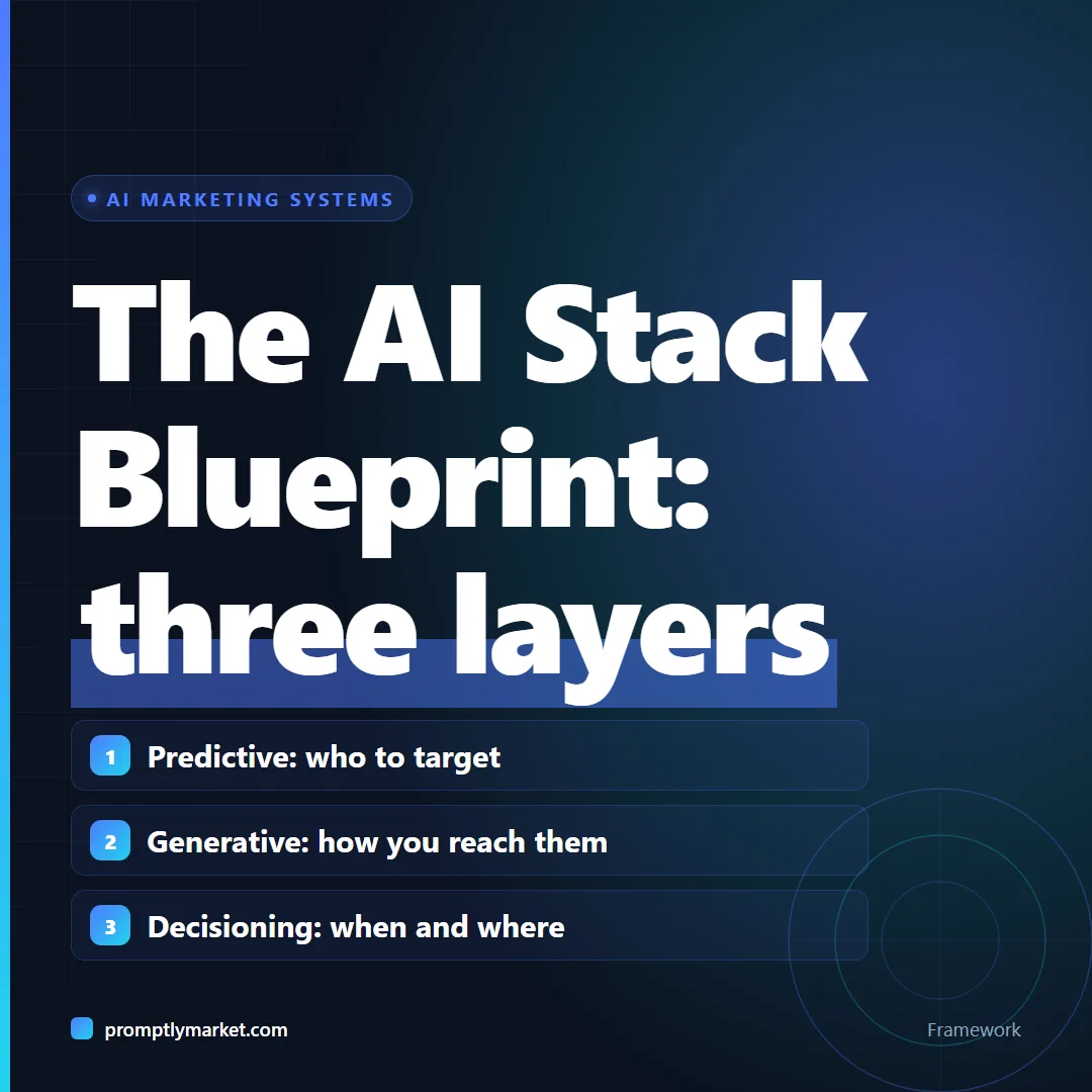 The AI Stack Blueprint's three layers: predictive for who to target, generative for how you reach them, decisioning for when and where you deploy