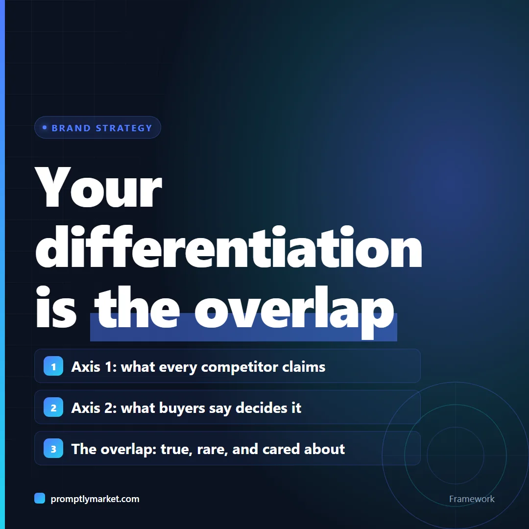 The Differentiation Map: one axis lists the claims every competitor makes, the other lists what buyers say decides their choice, and differentiation is the overlap