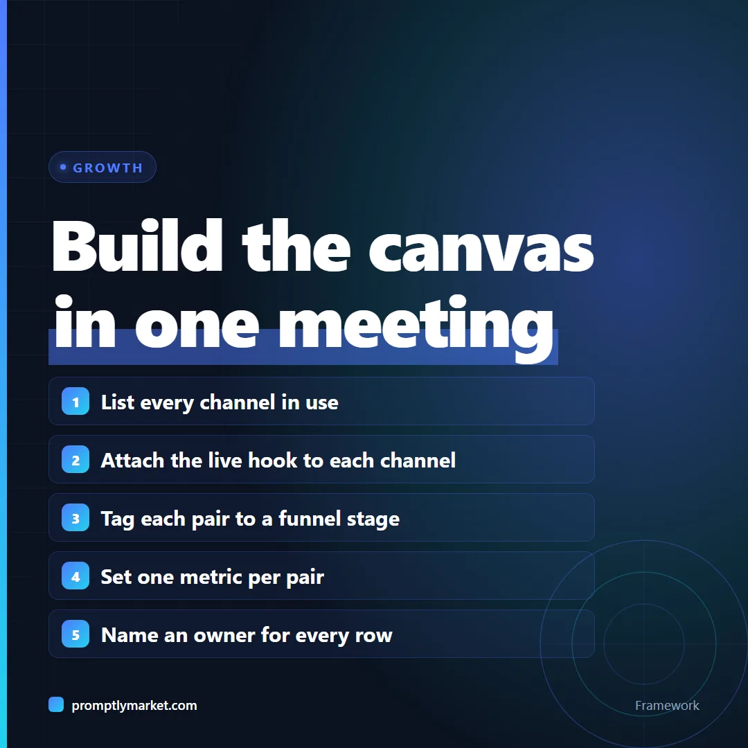 Building the Growth System Canvas in one meeting: list channels, attach hooks, tag funnel stages, set one metric each, name an owner per row