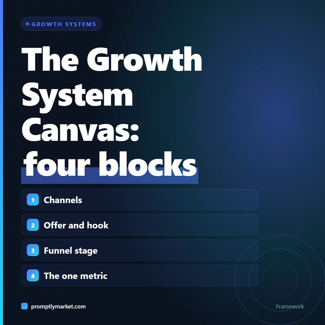 The Growth System Canvas's four blocks: channels, offer and hook, funnel stage, and the one metric
