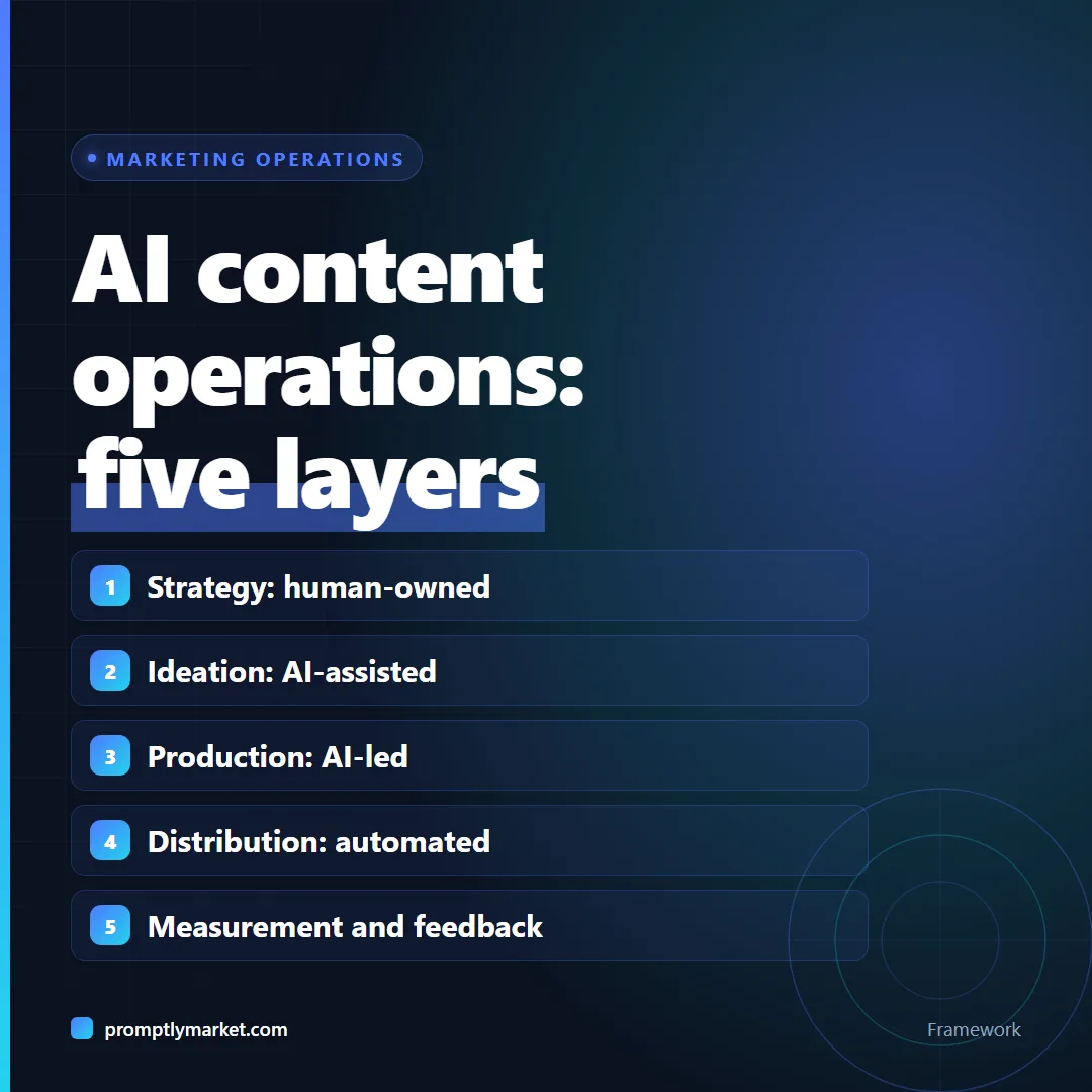 The five layers of AI content operations: strategy, ideation, production, distribution, and measurement with a feedback loop