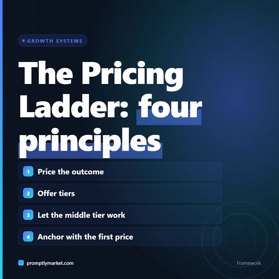 The Pricing Ladder's four principles: price the outcome, offer tiers, let the middle tier work, and anchor with the first price