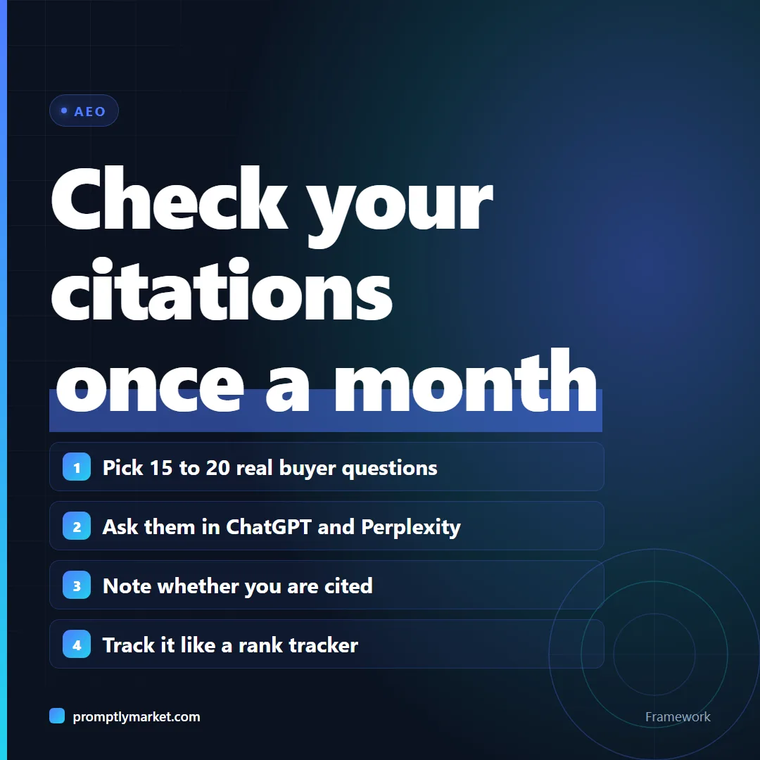 Monthly AEO check: ask 15 to 20 real buyer questions in ChatGPT and Perplexity, note citations, and track them like rankings