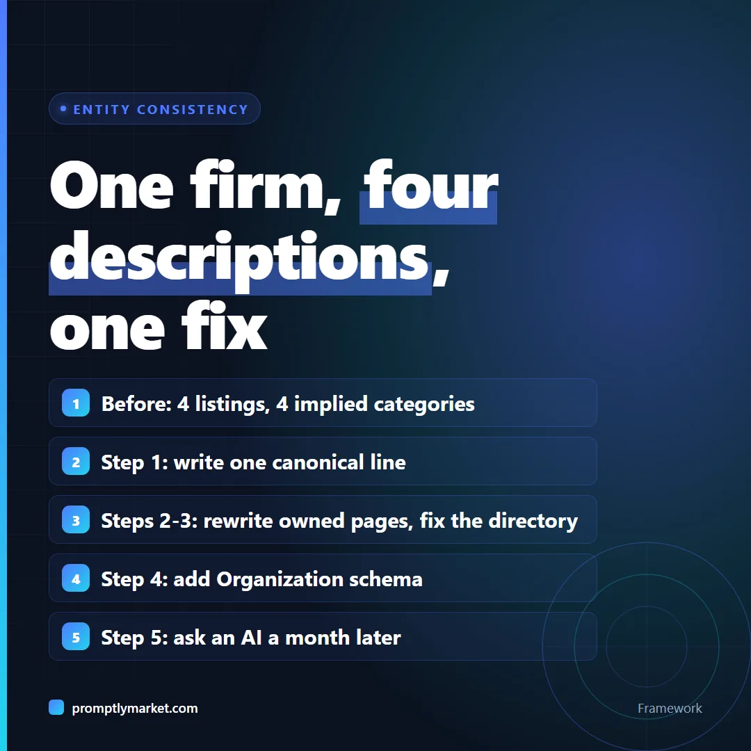 Worked example: a local accounting firm goes from four conflicting descriptions to one canonical line, rewritten pages, a fixed directory, schema, and a retest a month later