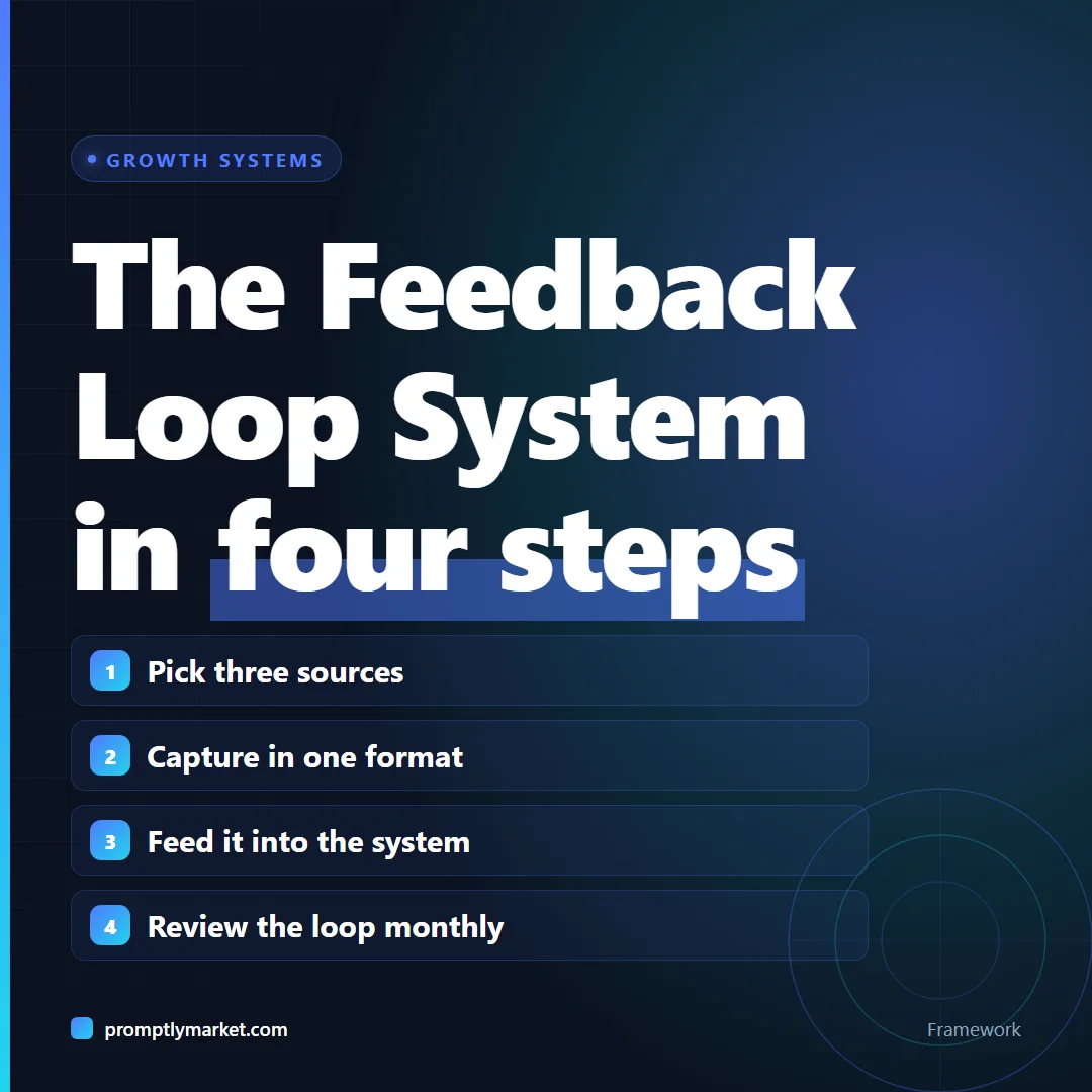 Four steps of the Feedback Loop System: pick three sources, capture in one format, feed it into the system, review the loop monthly