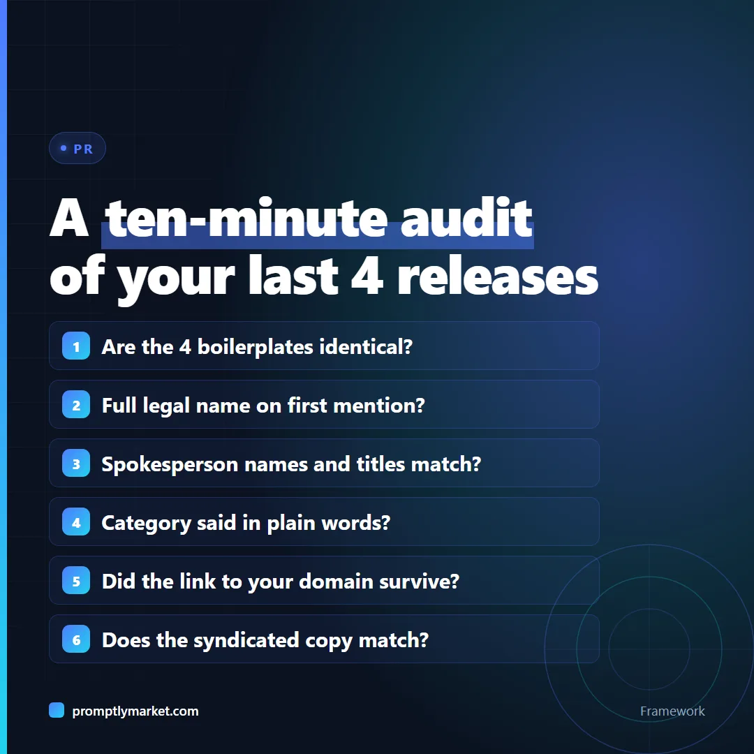 Ten-minute press release audit: six yes or no checks across your last four releases, from identical boilerplates to matching syndicated copy