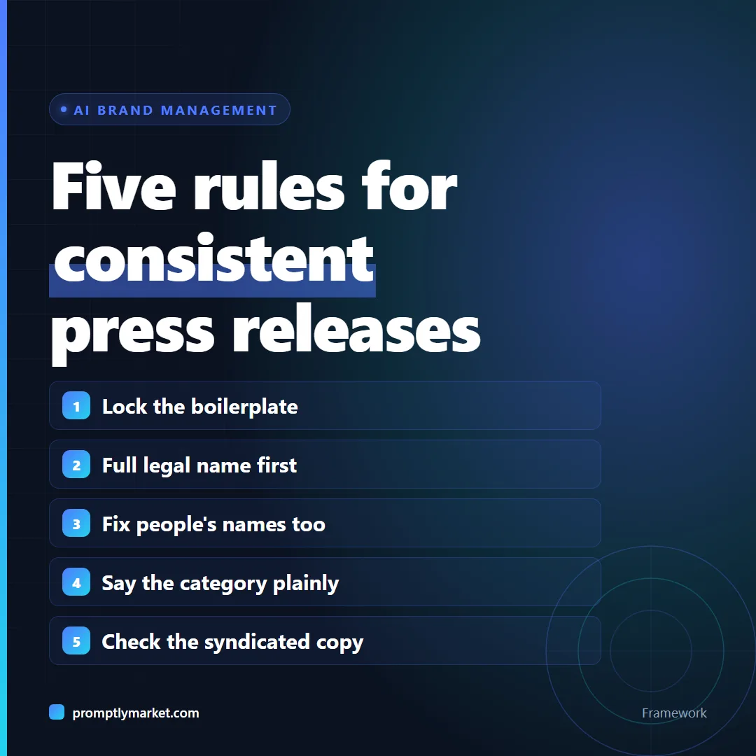 Five rules for entity-consistent press releases: lock the boilerplate, use the full legal name first, fix people's names too, say the category plainly, check the syndicated copy