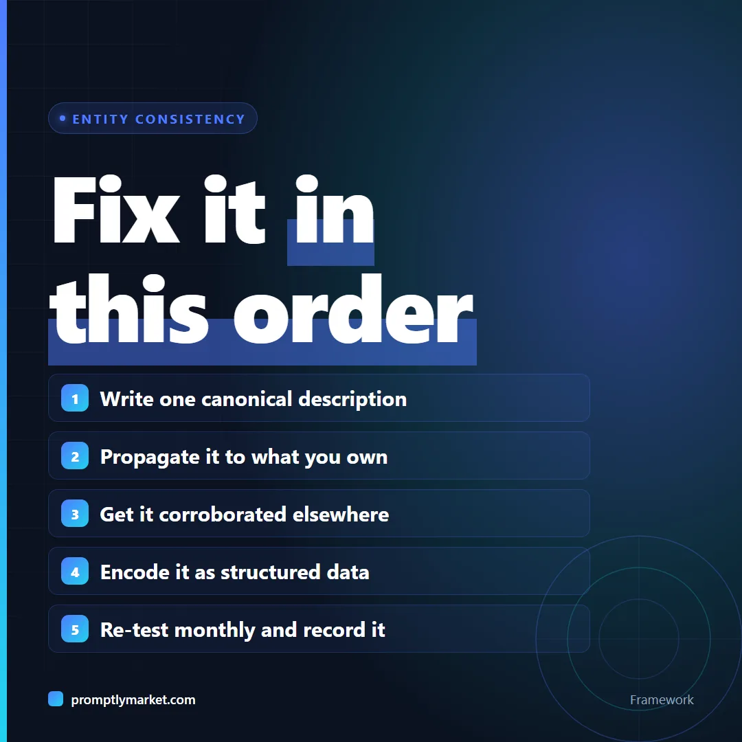 Fixing entity consistency in order: write one canonical description, propagate it, get it corroborated, encode it as structured data, re-test monthly
