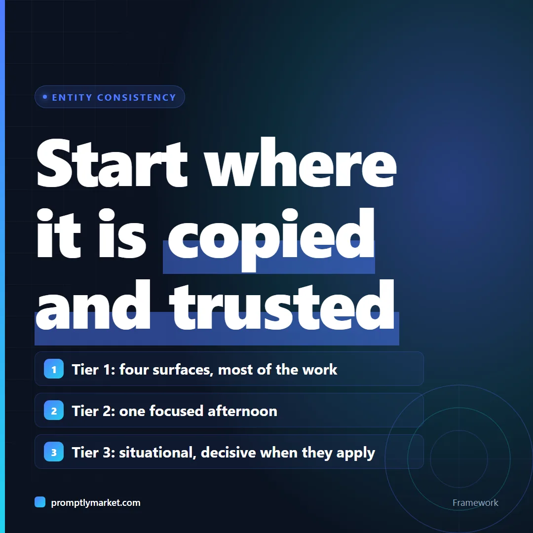 The three tiers of brand description surfaces: tier one does most of the work, tier two takes an afternoon, tier three matters only in some situations