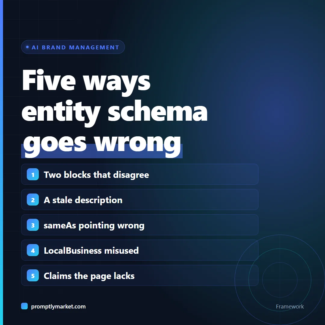 Five common entity schema mistakes: two Organization blocks that disagree, a stale description, sameAs pointing at the wrong profiles, misused LocalBusiness, and marking up claims the page does not make