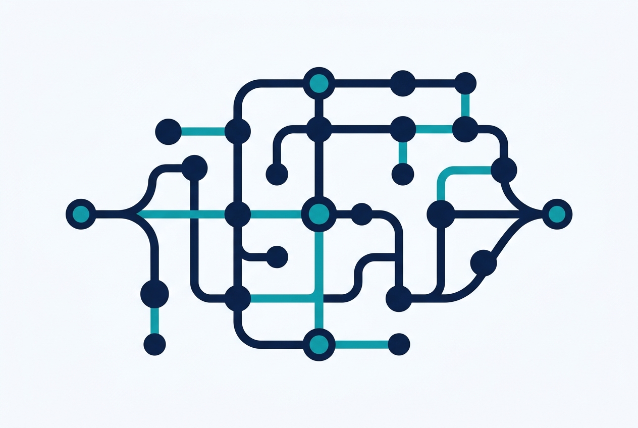 Abstract illustration of an organized network of connected nodes, representing systems over prompts