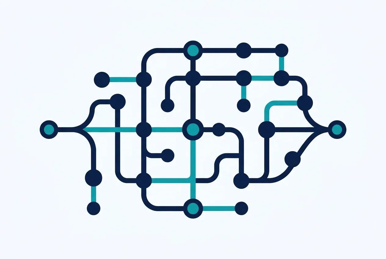Abstract illustration of an organized network of connected nodes, representing systems over prompts
