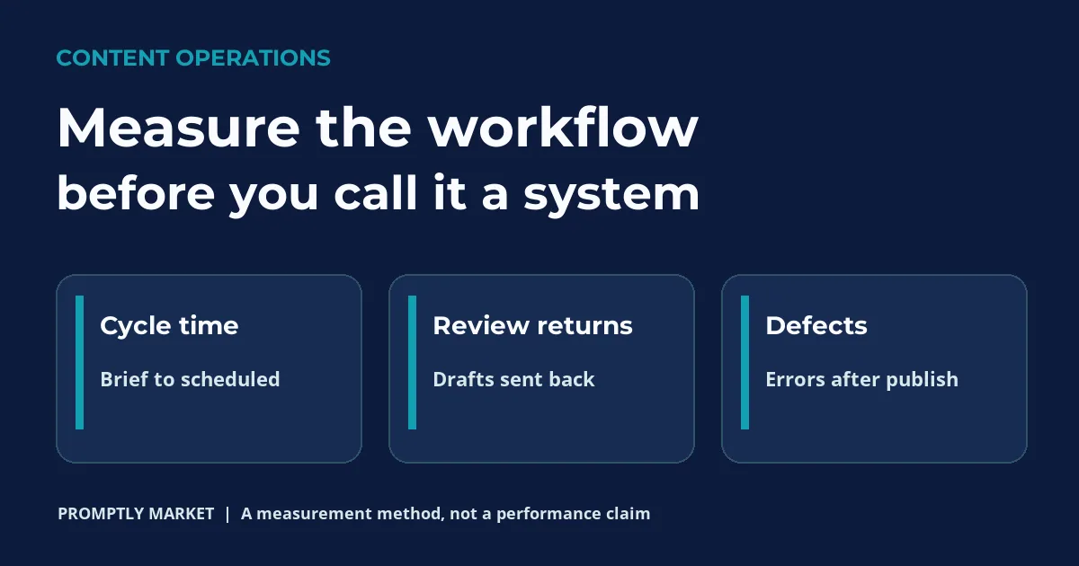 Three content workflow measures: cycle time, review returns and publication defects.