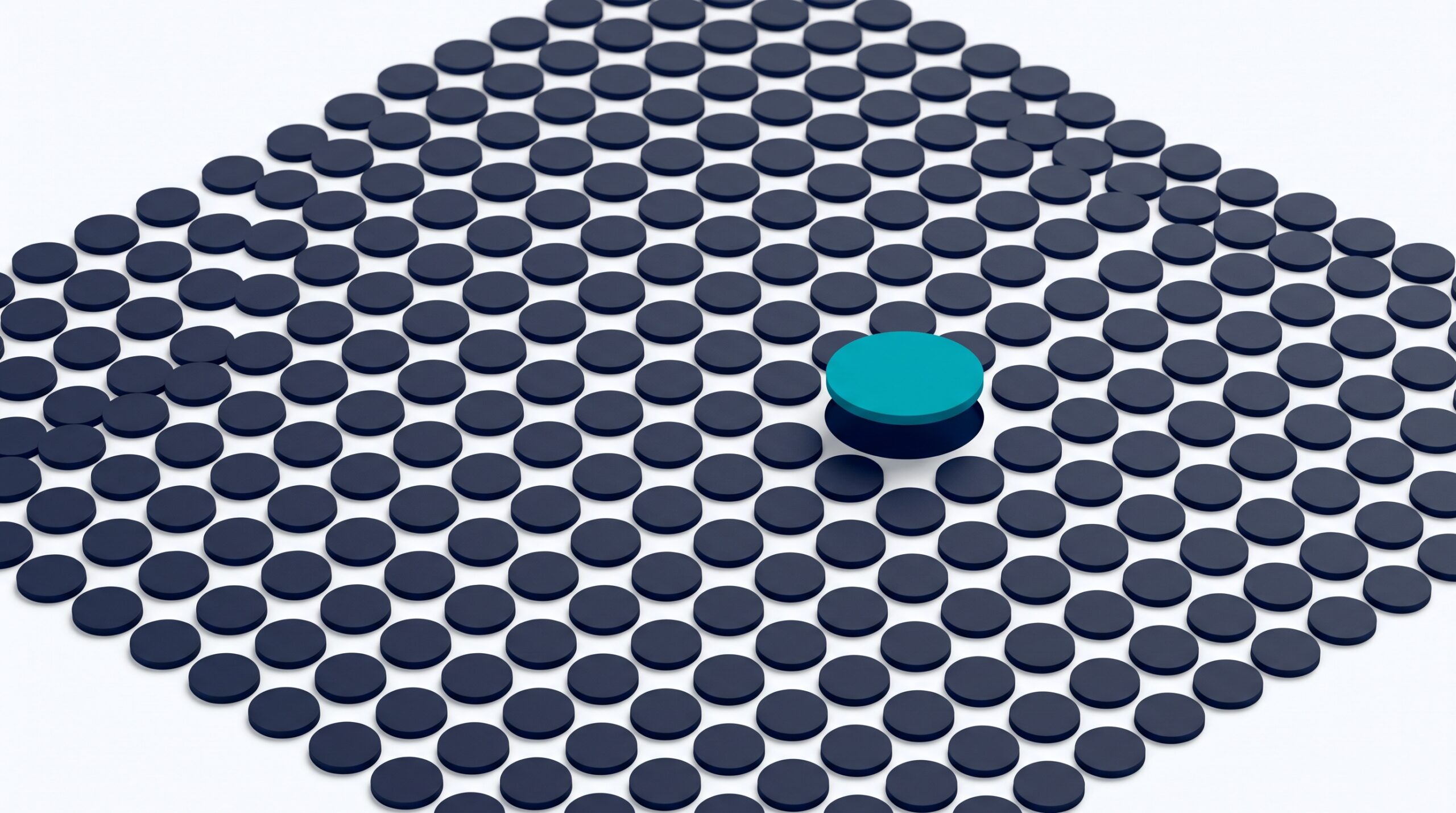 Illustration: a dense field of identical dark grey discs seen from above with exactly one raised teal disc standing out