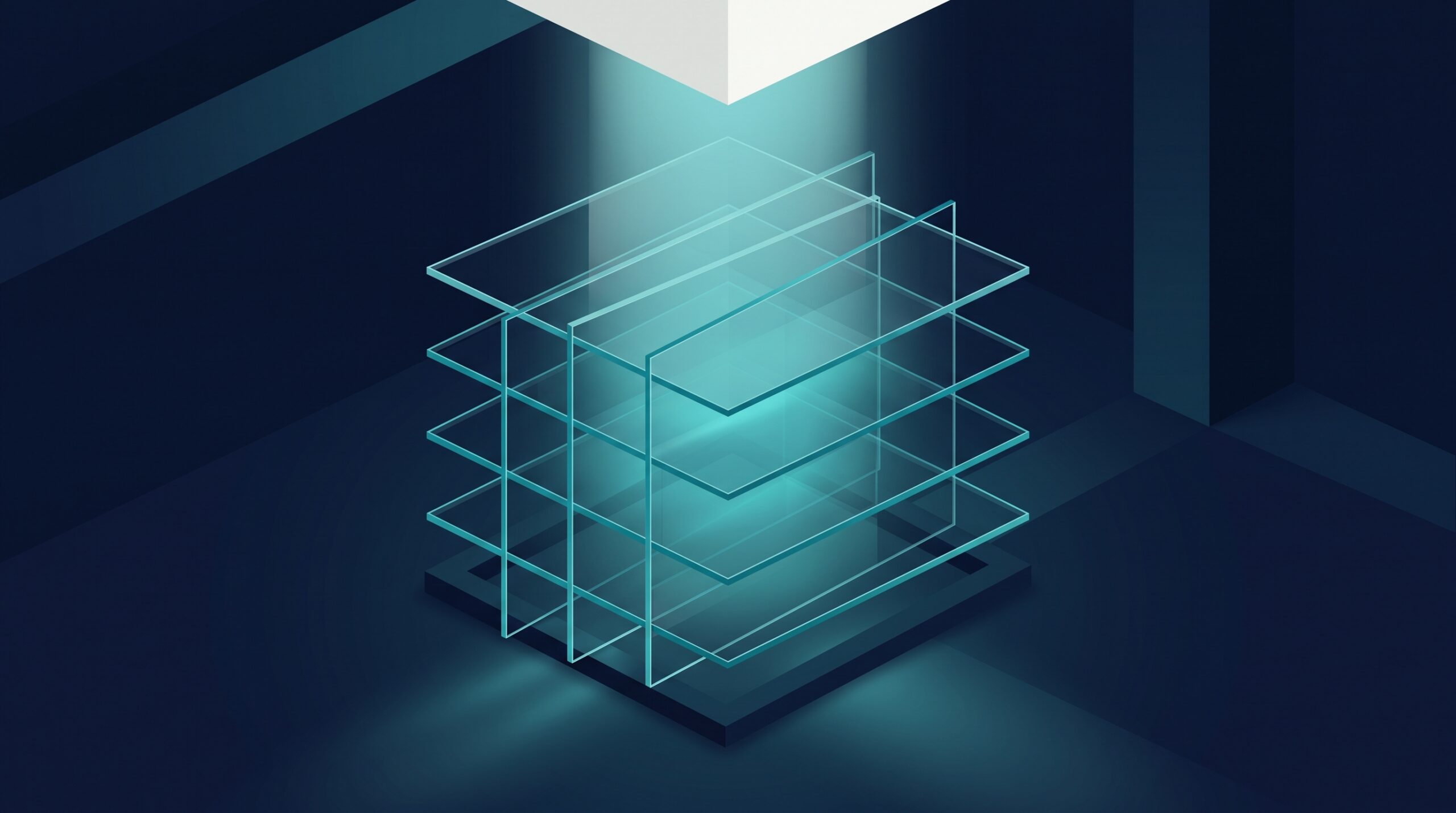 Illustration: four translucent glass panels stacked in alignment with teal light passing down through every layer