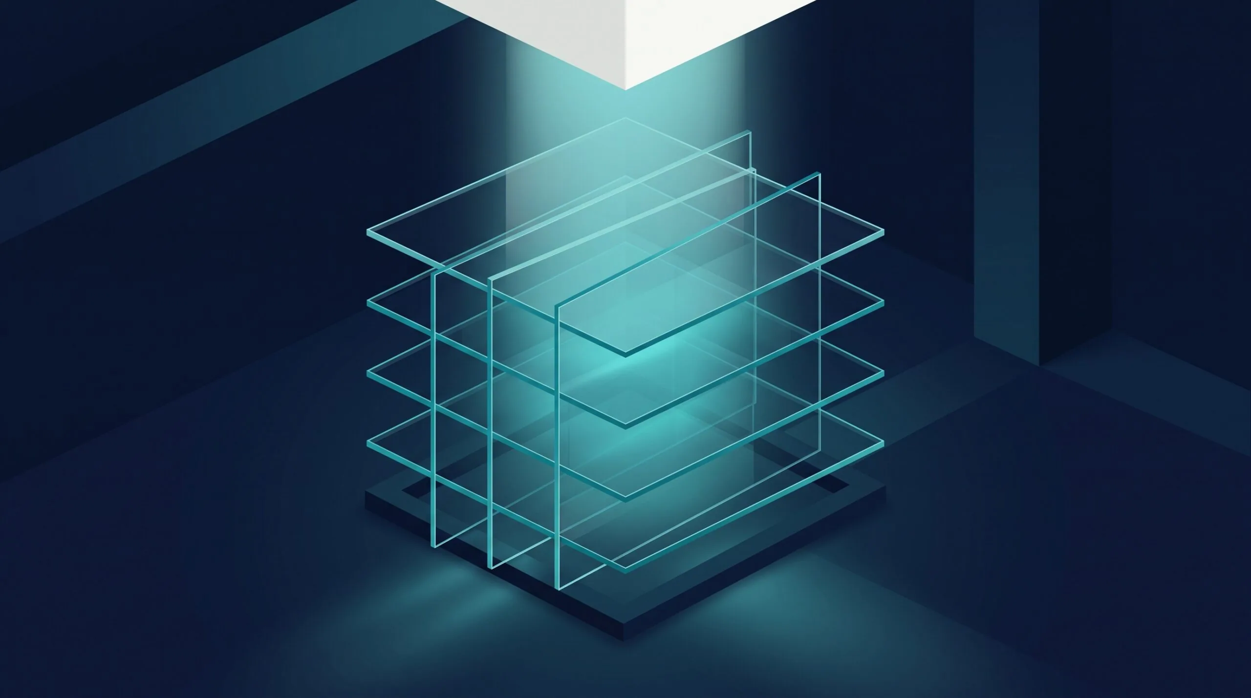 Illustration: four translucent glass panels stacked in alignment with teal light passing down through every layer