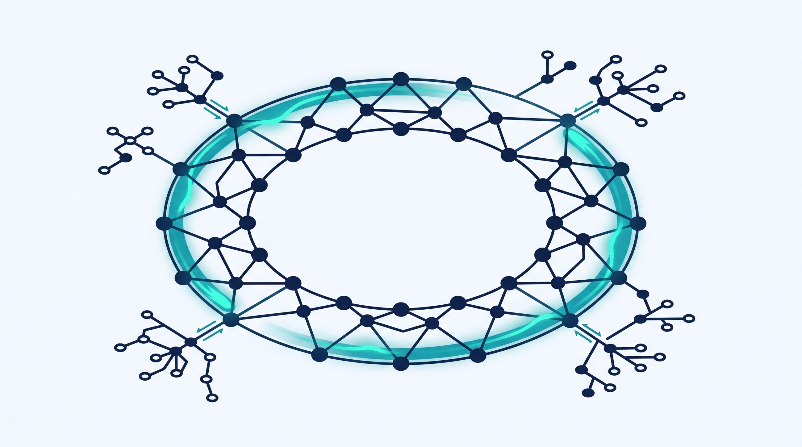 Illustration: a closed ring of connected nodes with a teal pulse travelling around it and smaller nodes feeding into the ring