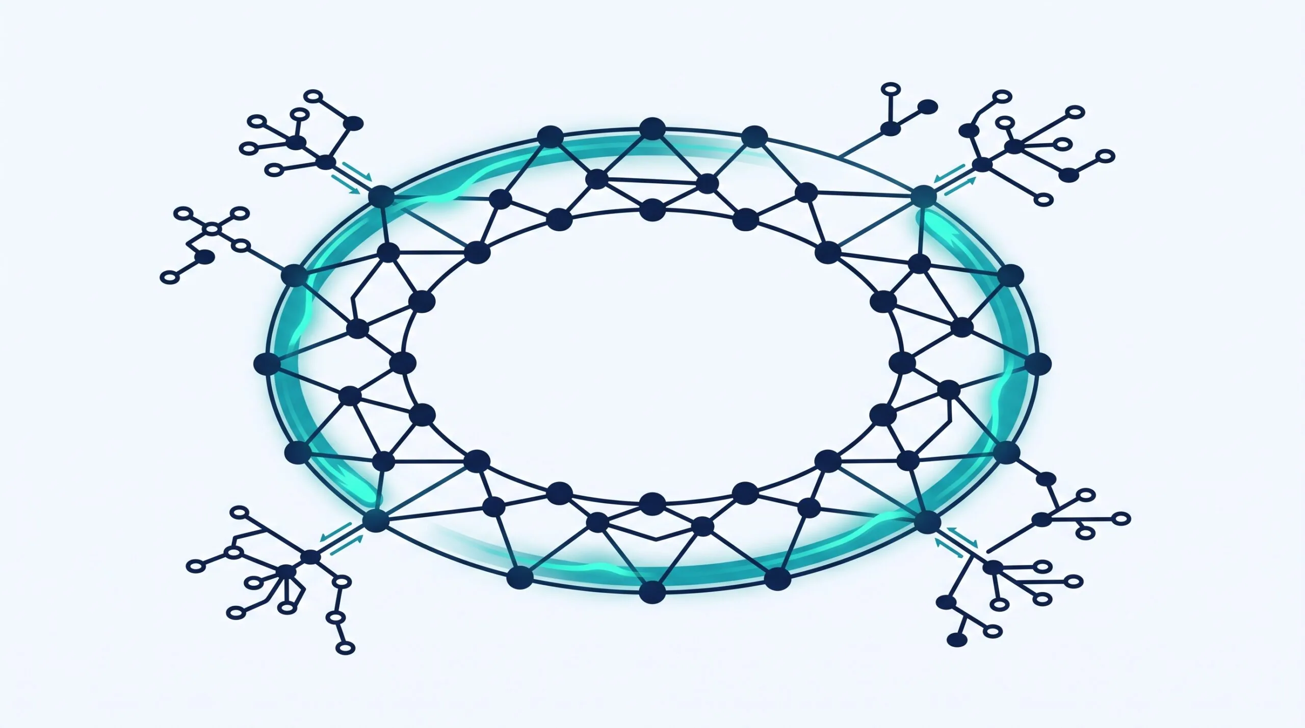 Illustration: a closed ring of connected nodes with a teal pulse travelling around it and smaller nodes feeding into the ring