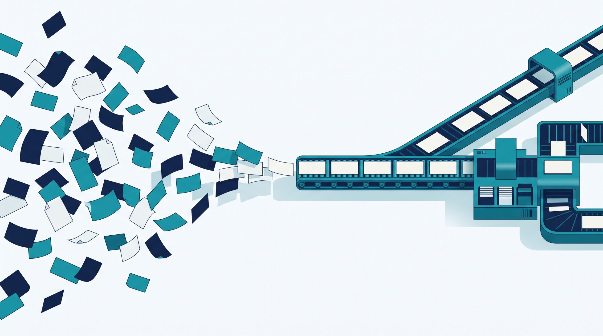 Illustration: dozens of scattered notes on the left straightening into a single orderly conveyor line feeding one machine on the right