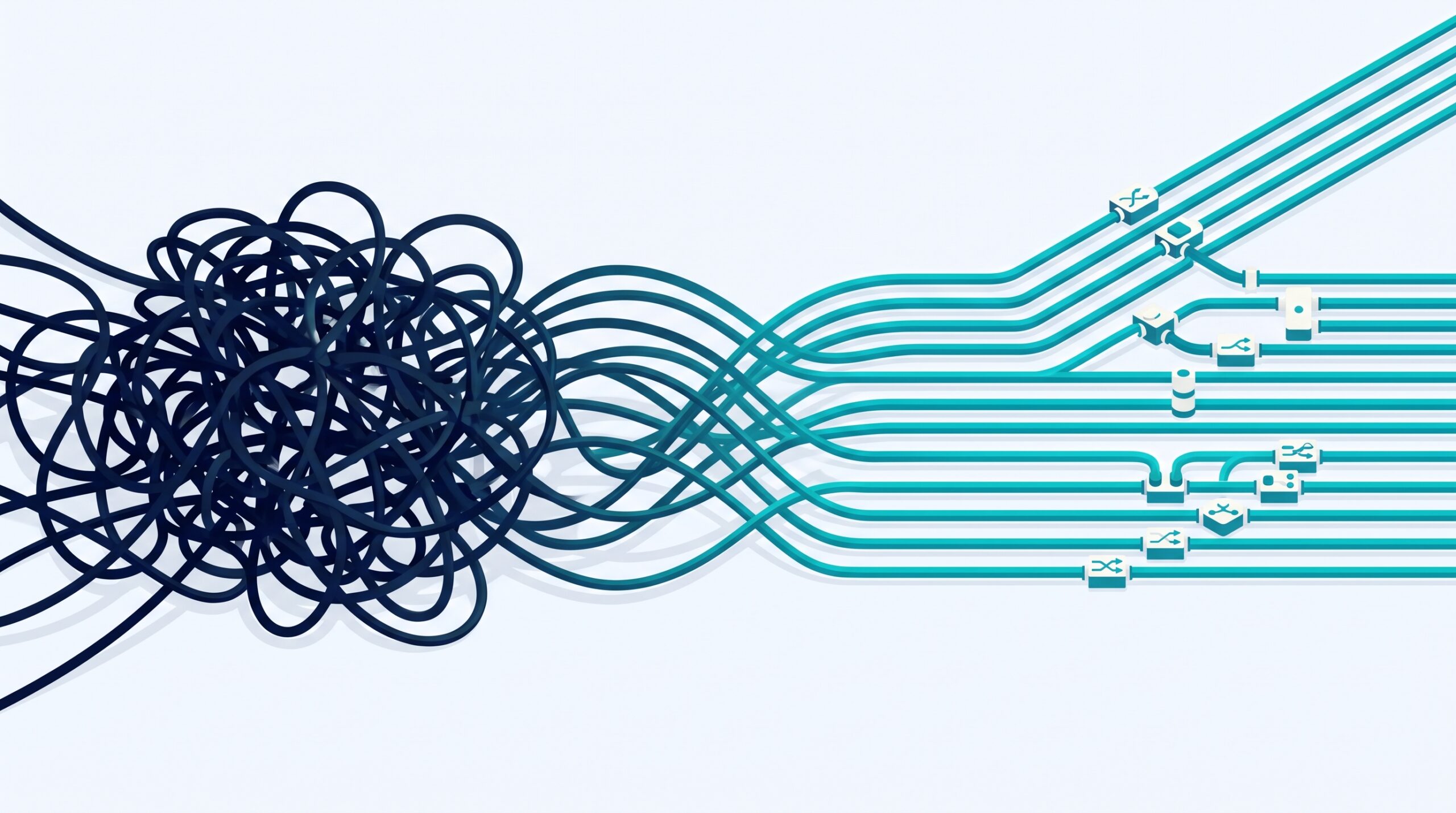 Illustration: a knot of tangled dark cables on the left untangling into clean parallel teal tracks with junction switches on the right