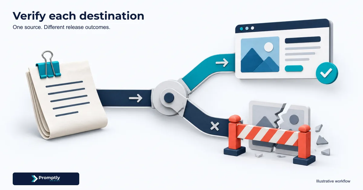 Illustrative release workflow: one source branches to a verified webpage and a held social image with broken media; each destination needs its own check.
